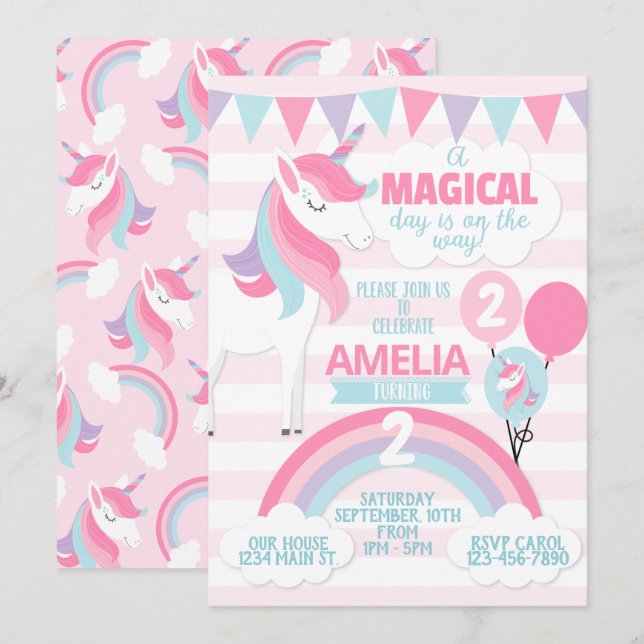 Unicorn Anniversaire Invitation de la fête (Devant / Derrière)