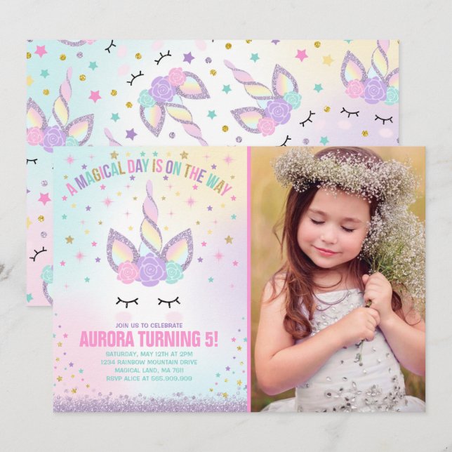 Unicorn Anniversaire Invitation Magique Unicorn Pa (Devant / Derrière)