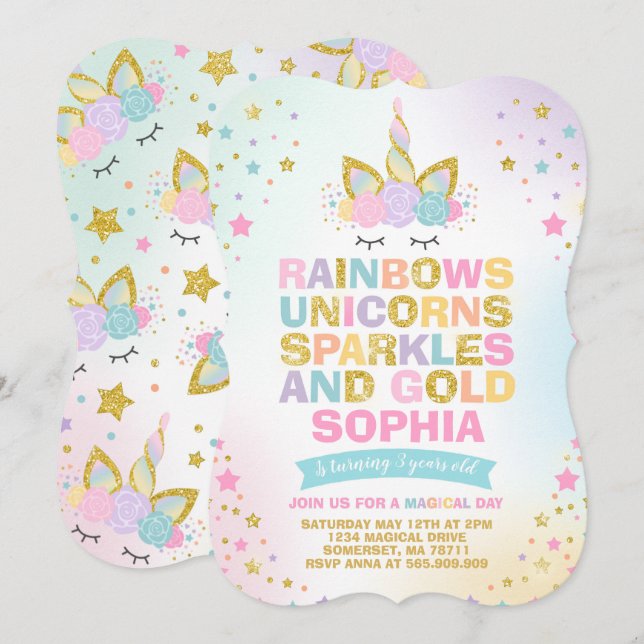 Unicorn Anniversaire Invitation Magique Unicorn Pa (Devant / Derrière)