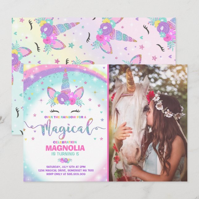Unicorn Anniversaire Invitation Magique Unicorn Pa (Devant / Derrière)