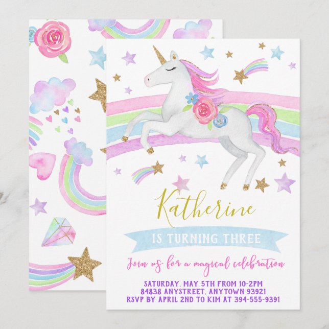Unicorn anniversaire invitation rainbows unicorn (Devant / Derrière)