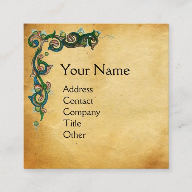 UNICORN/Antique Floral Brown Parchment Monogramm Quadratische Visitenkarte (Vorderseite)