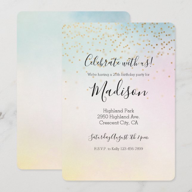 Unicorn Aqua Pink Gelbe Gefärbte Krawatte Confetti Einladung (Vorne/Hinten)