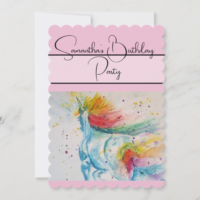 Unicorn Aquarelle Anniversaire Fête Invitation (Devant)