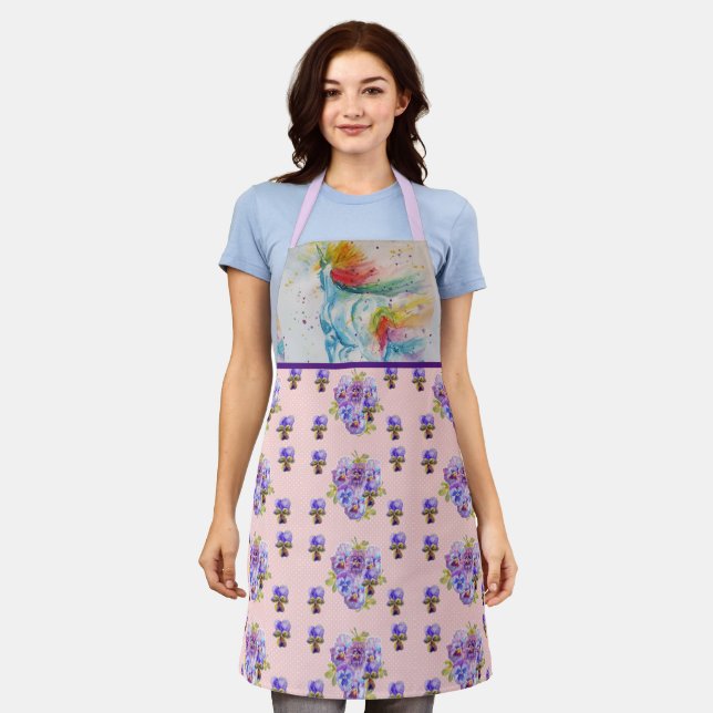 Unicorn Aquarellmalerei Lila Frauen Schürze (Getragen)