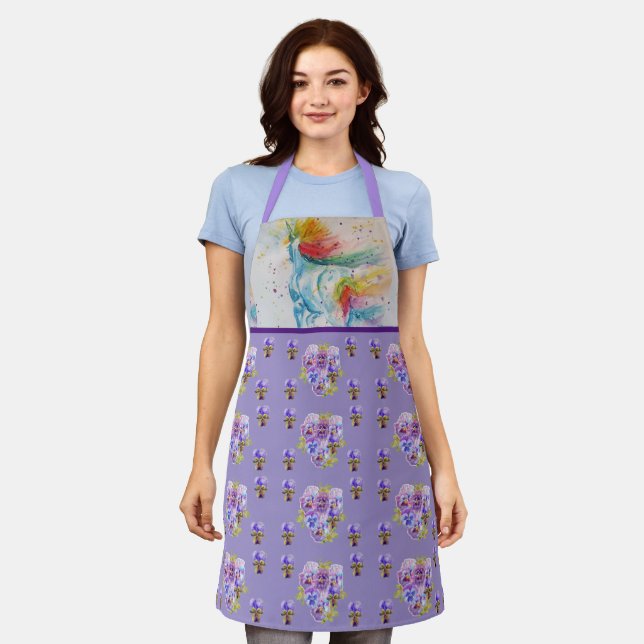 Unicorn Aquarellmalerei Lila Frauen Schürze (Getragen)