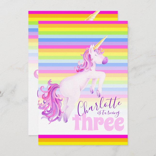 Unicorn art arc-en-ciel invitations 3e anniversair (Devant / Derrière)