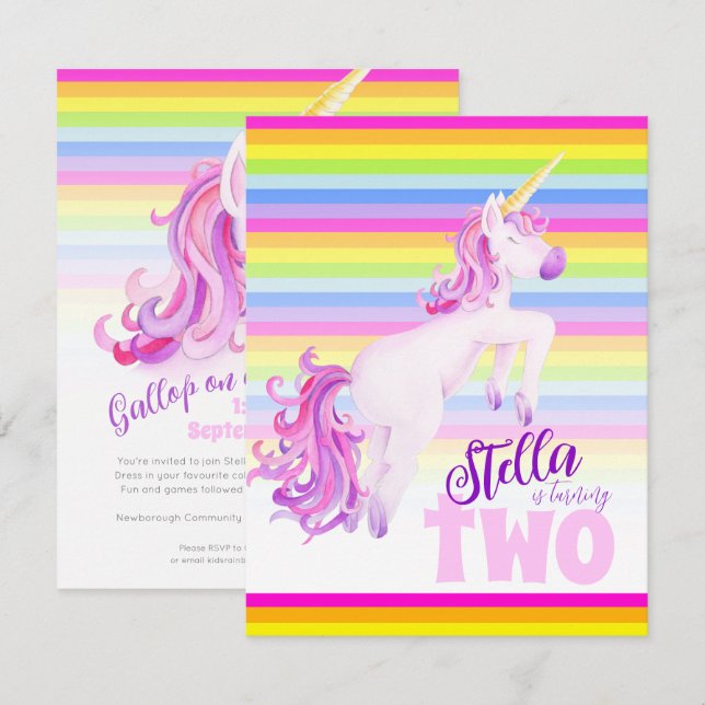Unicorn art arc-en-ciel invitations de 2e annivers (Devant / Derrière)
