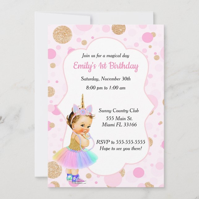 Unicorn Baby 1er anniversaire Invitation 1 (Devant)