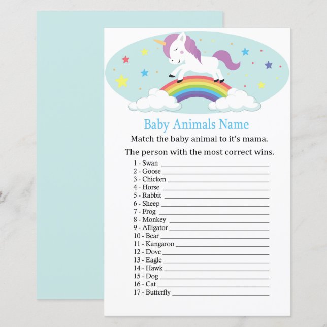 Unicorn Baby Animals Name Game (Vorne/Hinten)