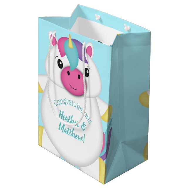 Unicorn Baby Dusche Aquamarin Mittlere Geschenktüte (Rückseite Schrägansicht)