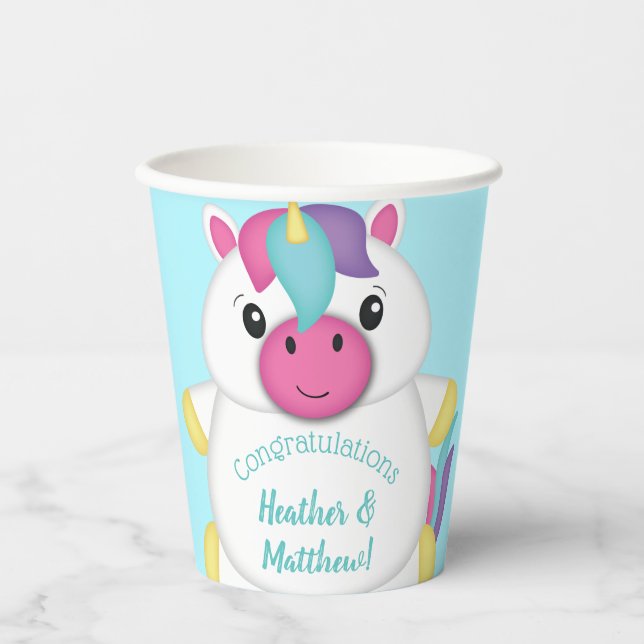 Unicorn Baby Dusche Aquamarin Pappbecher (Vorderseite)