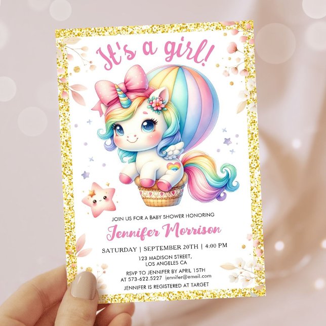 Unicorn Baby Dusche Blütendusche Girl Pink & Gold Einladung (Von Creator hochgeladen)