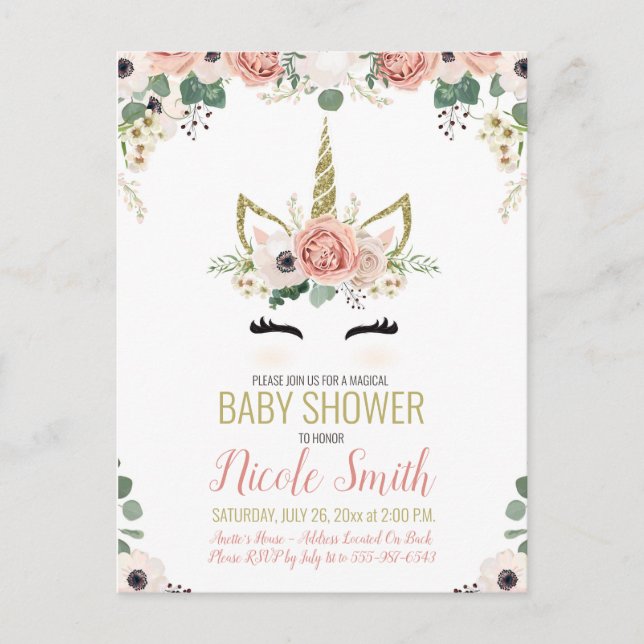 Unicorn Baby Dusche Pink Gold Floral Wasserfarbe Einladungspostkarte (Vorderseite)