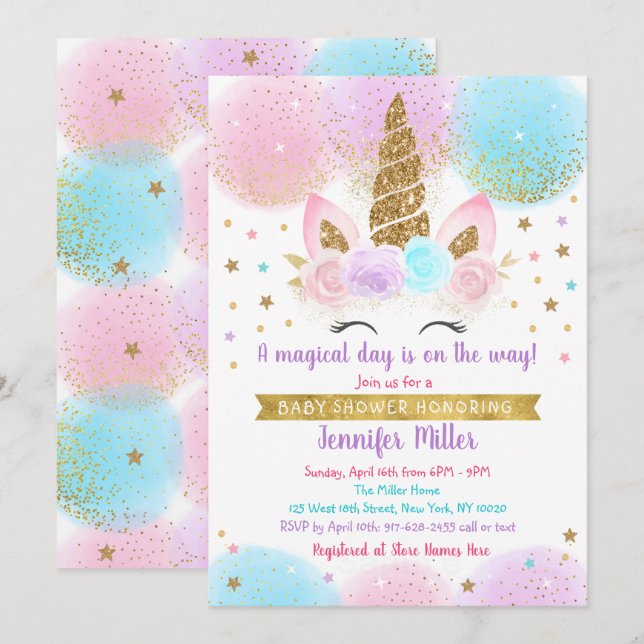 Unicorn Baby Dusche Pink Gold Regenbogen Einladung (Vorne/Hinten)