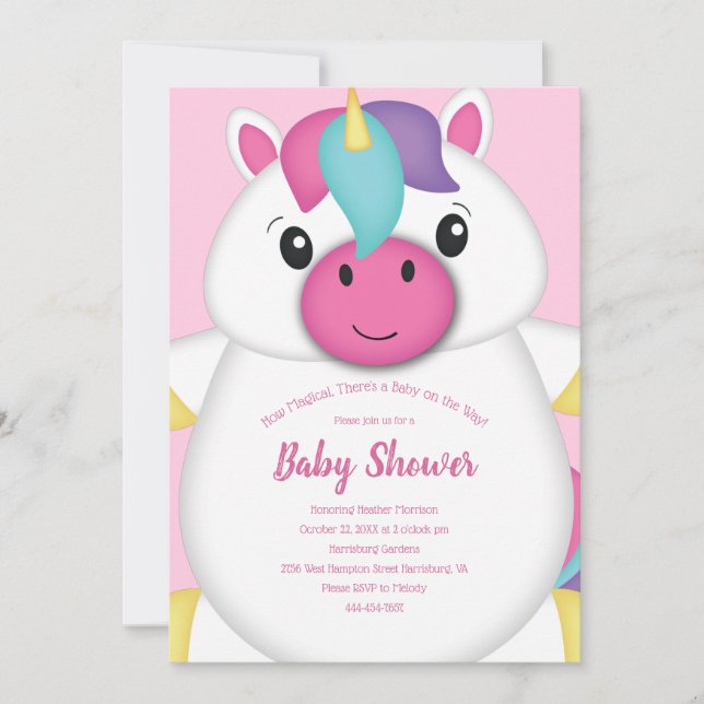 Unicorn Baby Dusche Rosa Einladung (Vorderseite)