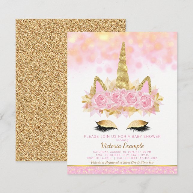 Unicorn Baby Dusche Rosa Gold Einhorn Gesicht Einladung (Vorne/Hinten)