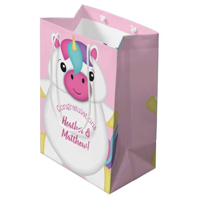 Unicorn Baby Dusche Rosa Mittlere Geschenktüte (Rückseite Schrägansicht)