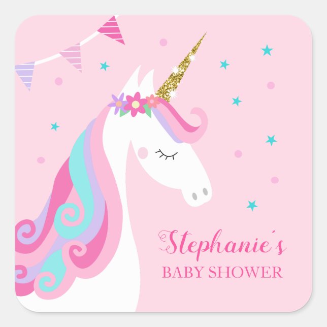 Unicorn Baby Dusche Rosa Quadratischer Aufkleber (Vorderseite)