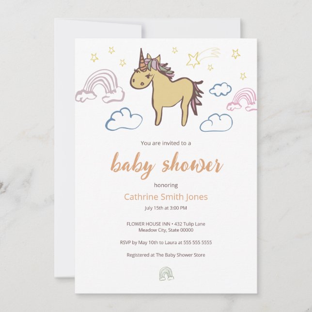 Unicorn Baby Duwer Gender Neutral Einladung (Vorderseite)