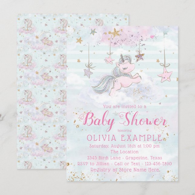 Unicorn Baby Girl Shower Invitations (Devant / Derrière)