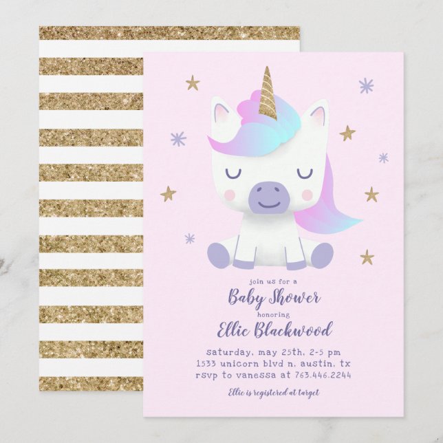 Unicorn Baby Shower Einladung (Vorne/Hinten)