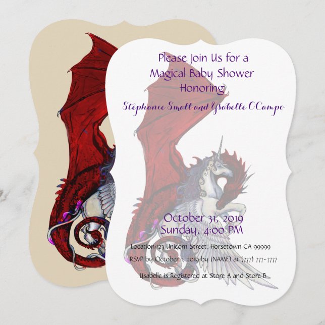 Unicorn Baby Shower Einladung Red Dragon (Vorne/Hinten)