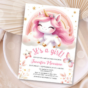 Unicorn Baby Shower Girl Blush Pink Regenbogen Einladung