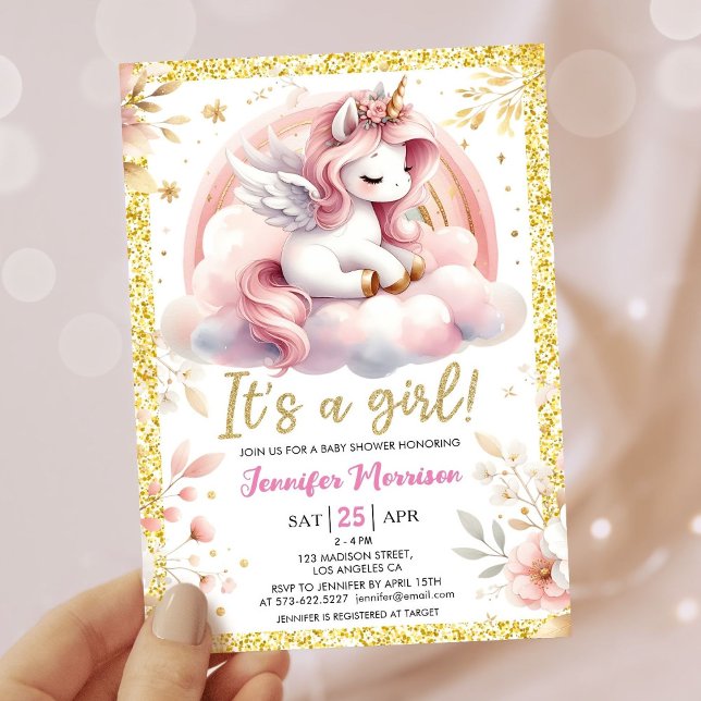 Unicorn Baby Shower Girl Pink & Gold Fee Einladung (Von Creator hochgeladen)