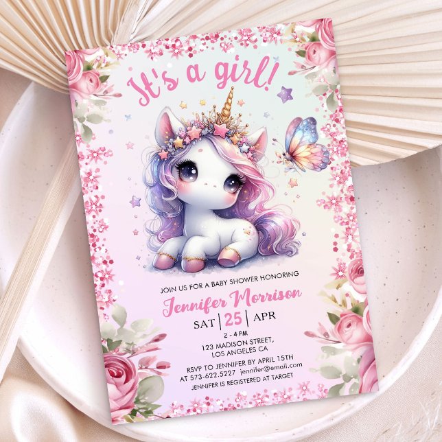Unicorn Baby Shower Girl Pink Lila Blüte Niedlich Einladung (Von Creator hochgeladen)