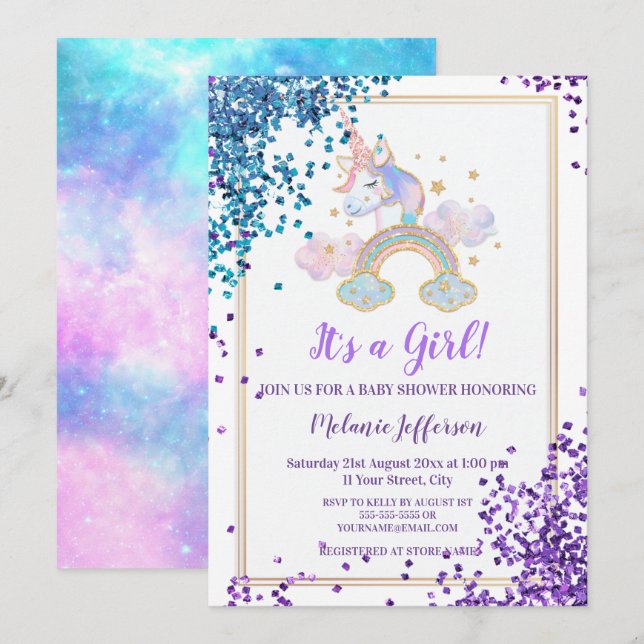 Unicorn Baby Shower Invitations (Devant / Derrière)