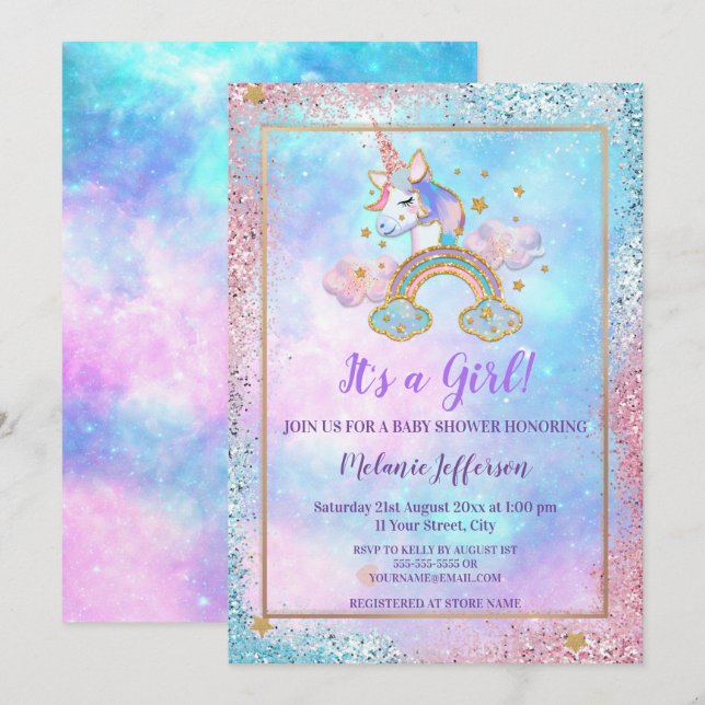 Unicorn Baby Shower Invitations (Devant / Derrière)