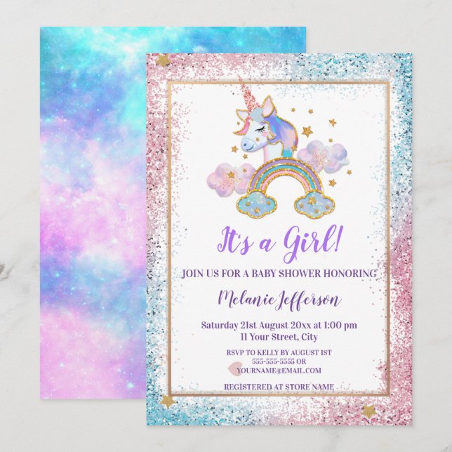 Unicorn Baby Shower Invitations (Devant / Derrière)