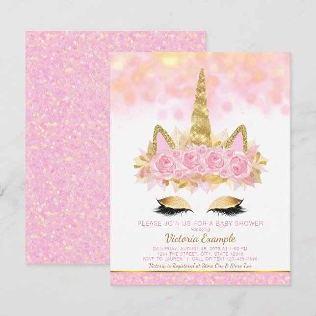 Unicorn Baby Shower Invitations Pink Gold Unicorn (Devant / Derrière)