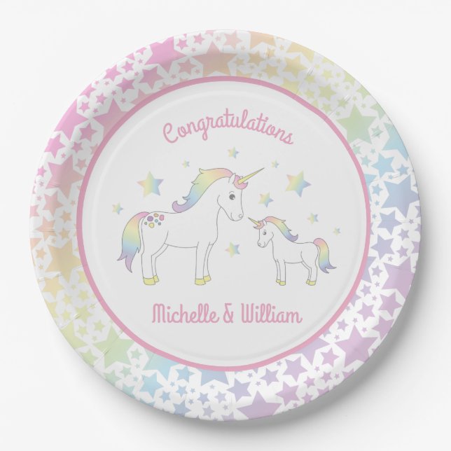 Unicorn Baby Shower Pastel Rainbow Niedlich Pappteller (Vorderseite)