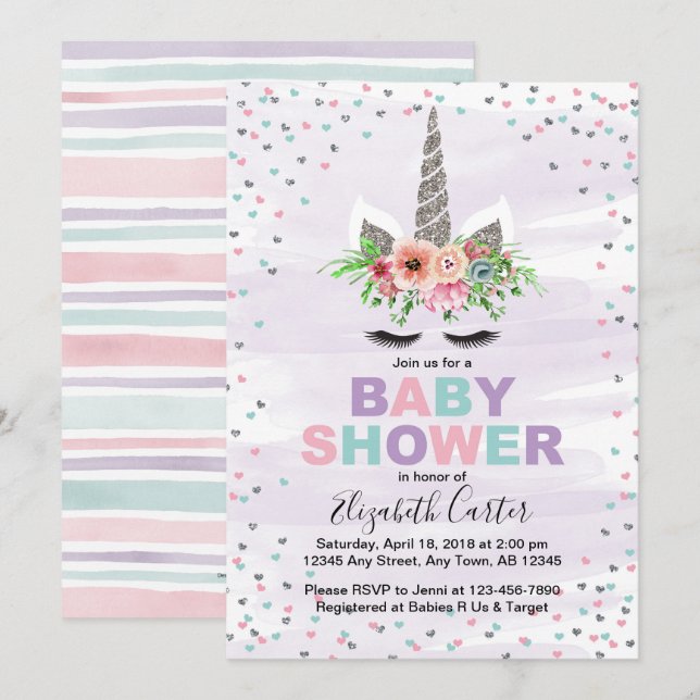 Unicorn Babydusche Einladung für Mädchen lila (Vorne/Hinten)
