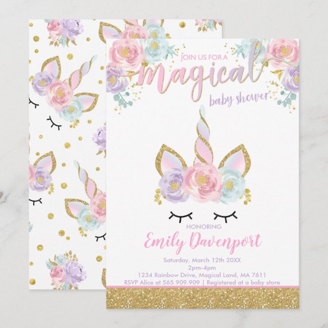 Unicorn Babydusche Einladung Magische Babydusche (Vorne/Hinten)