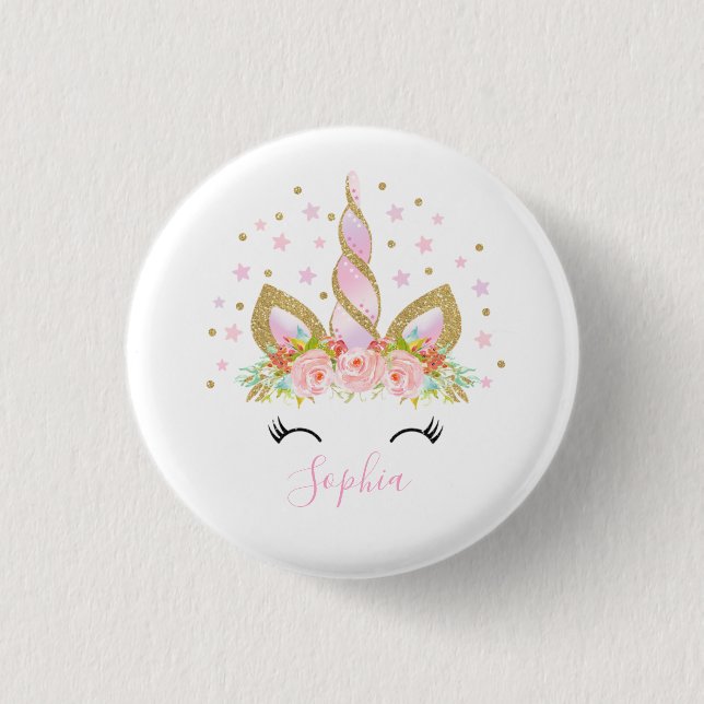 Unicorn Badge Unicorn Favor Party Pin Pink & Gold Button (Vorderseite)