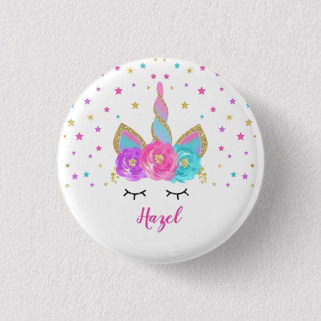Unicorn Badge Unicorn Favor Party Pin Pink & Gold Button (Vorderseite)