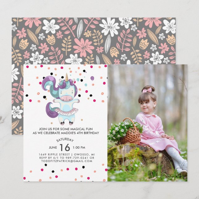 Unicorn Ballerina Invitation de fête d'anniversair (Devant / Derrière)