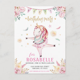 Unicorn Ballerina Pink Flora Einladung zum Geburts Postkarte