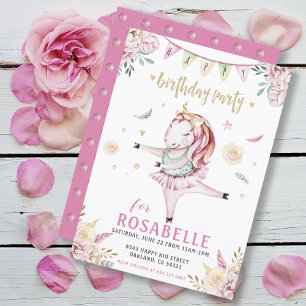 Unicorn Ballerina Pink Floral Geburtstagsparty Einladung