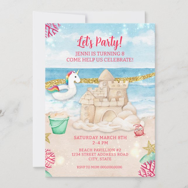 Unicorn Beach Summer Birthday Party herunterladen Einladung (Vorderseite)