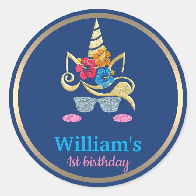 Unicorn Birthday Classic Round Sticker (Vorderseite)