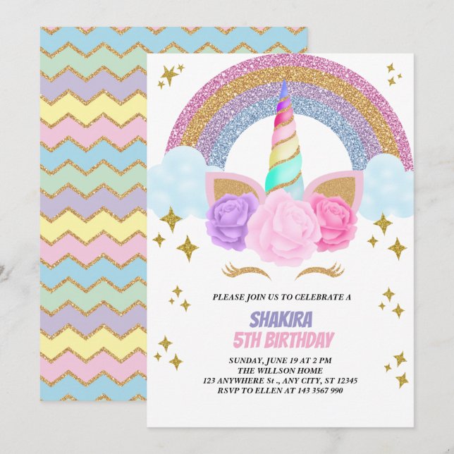 Unicorn Birthday Einladung (Vorne/Hinten)