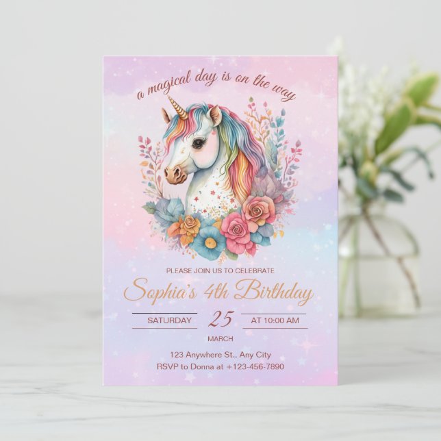Unicorn Birthday Einladung Rainbow Unicorn Girls (Stehend Vorderseite)