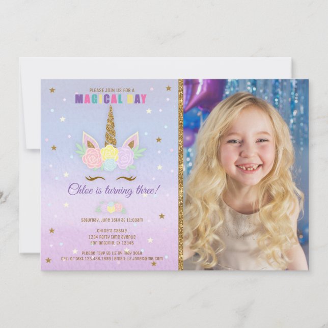 Unicorn Birthday Foto Einladung Rosa Lila Gold (Vorderseite)
