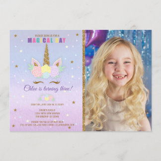 Unicorn Birthday Foto Einladung Rosa Lila Gold