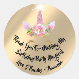 Unicorn Birthday Gefallen Pink Spark Gold Floral G Runder Aufkleber