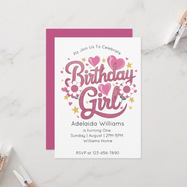 Unicorn Birthday Girl Einladung (Vorderseite/Rückseite Beispiel)